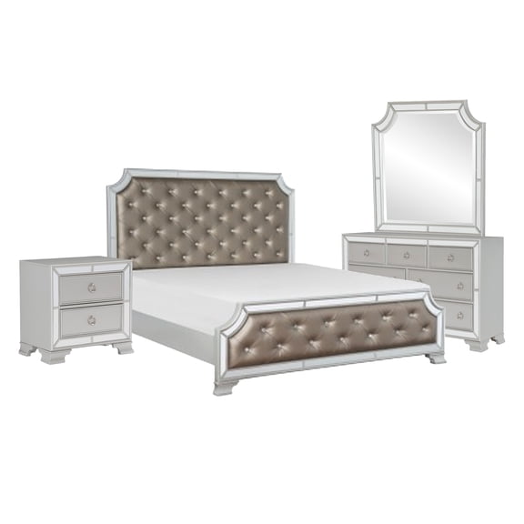 Badra Four Pc Queen Bedroom Set, Crystal Tufted Gray Faux Leather, Silver Mirror Trim