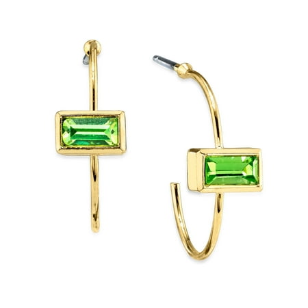 1928 Jewelry 14K Gold Dipped Rectangle Crystal Open Hoop Stainless Steel Post Earrings (Blue)