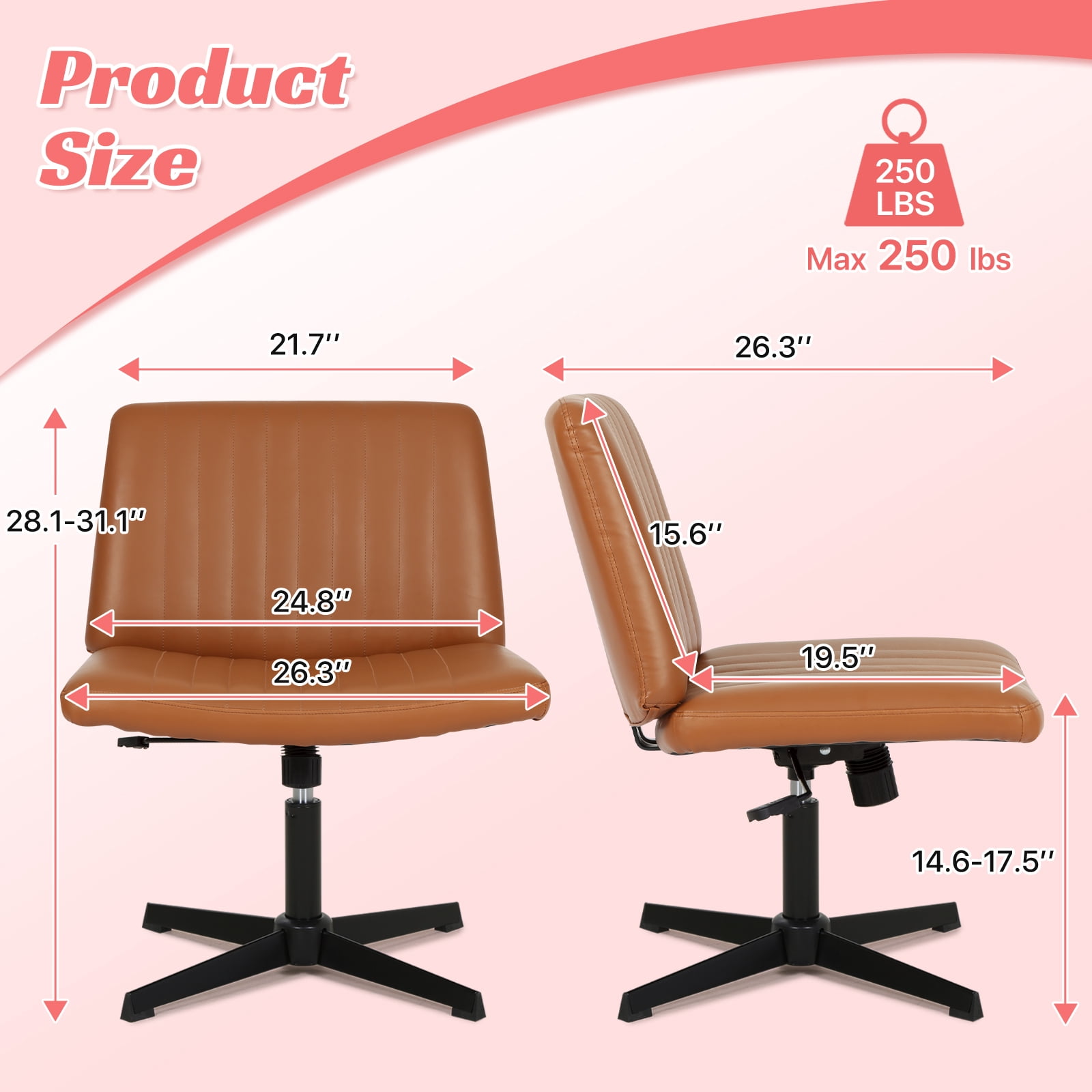 Criss Cross Chair, Armless  Vanity Chair Cross Legged Office Chair,  Adjustable Wide Swivel Desk Chair for Home Office No Wheels, Brown