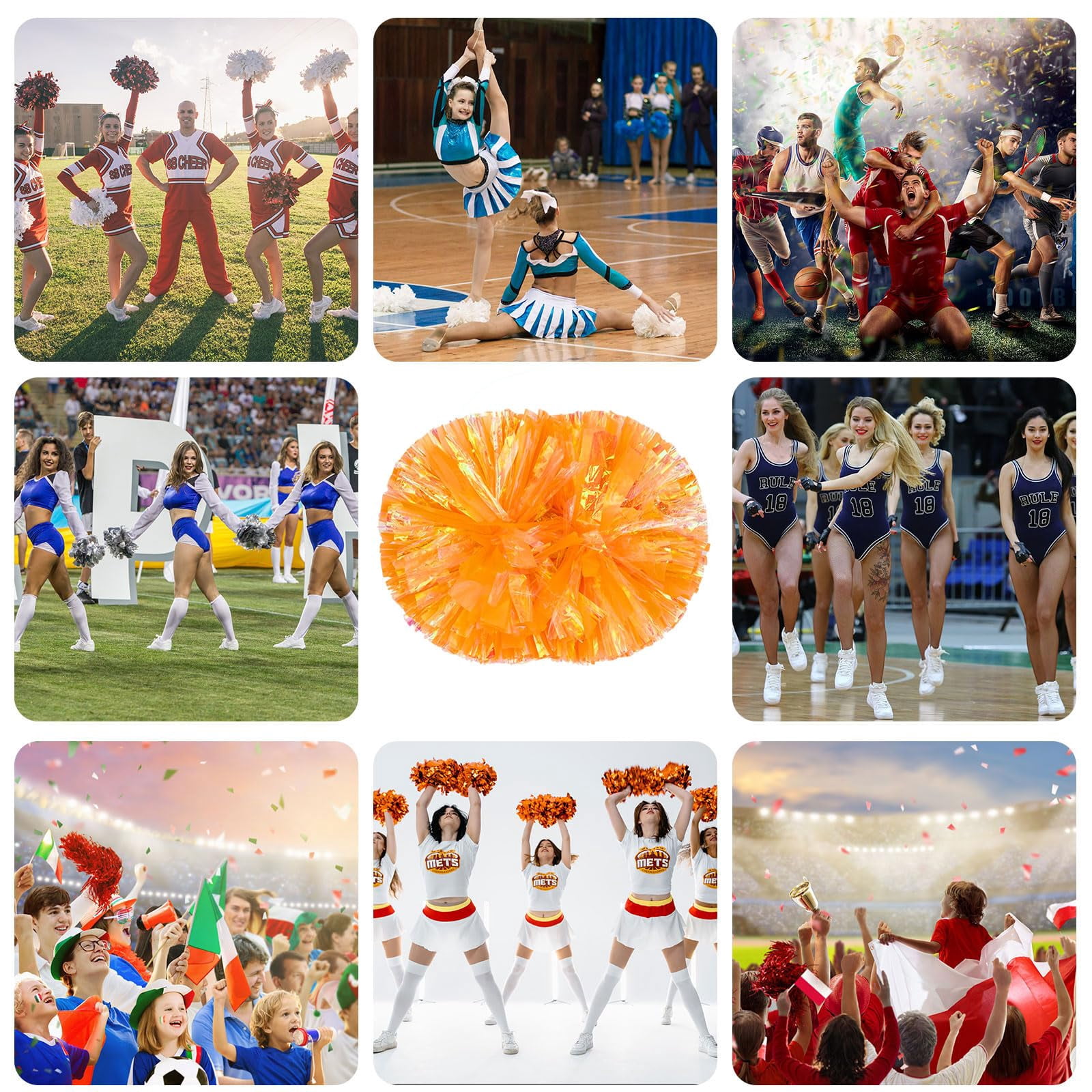 Cheerleading Pom Poms 14 Pcs with Handle Style, Handheld Squad Pompoms for Sports Team Cheer Spirit Games Dance Party Adults