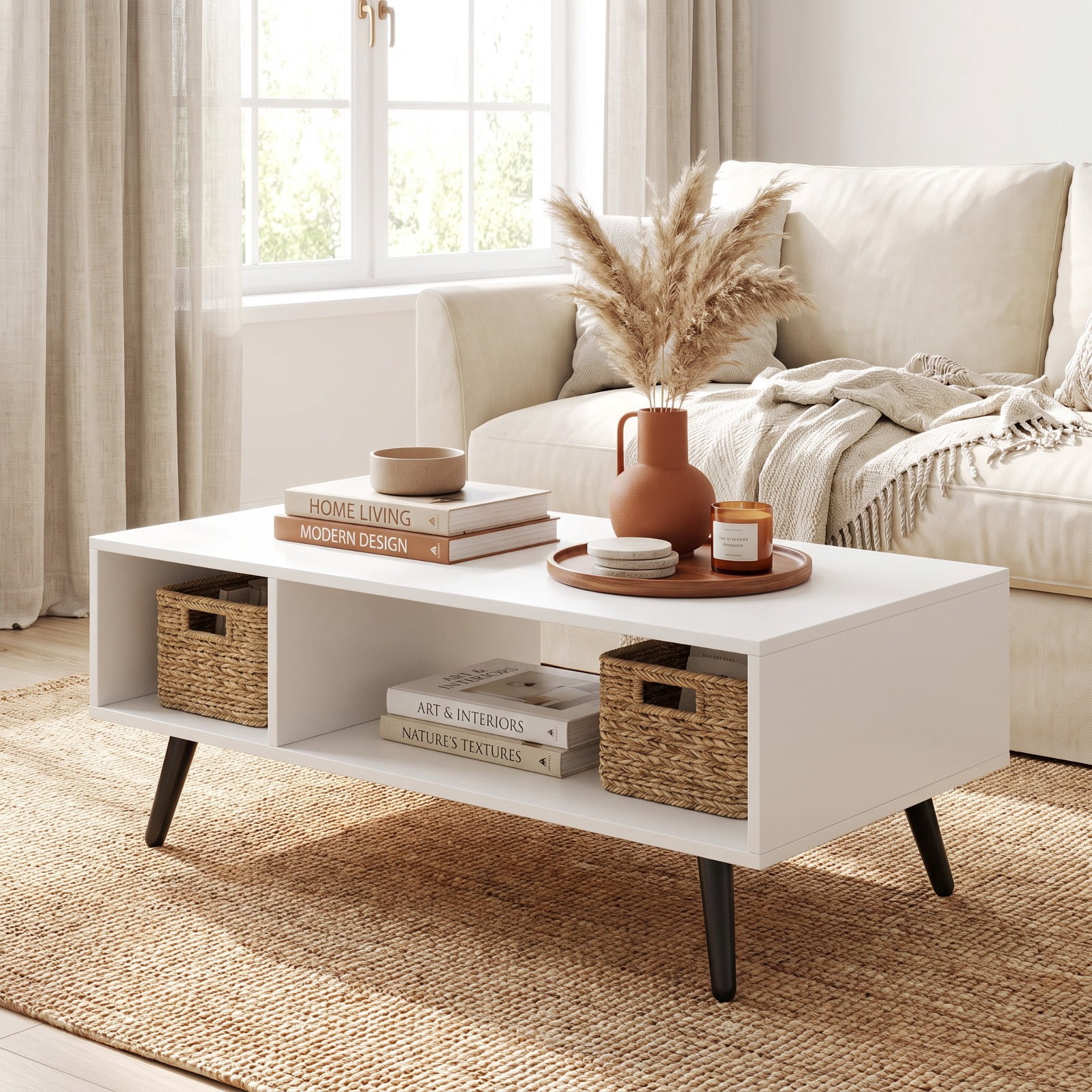 Furnibear Mid Century Modern 2-Tier Small Coffee Table with Two Open Compartments and Tapered Metal Legs for Apartment Living Room, White