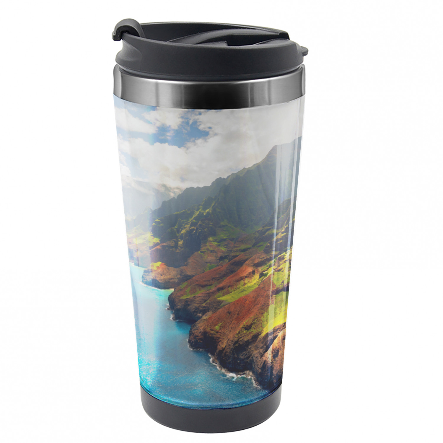 Hawaiian Travel Mug, Island Sunshine Panorama, Steel Thermal Cup, 16 oz