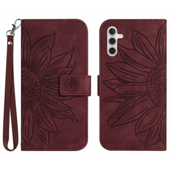 Mantto for Samsung Galaxy A54 5G 6.4 inch Wallet Case with Wrist Strap,Stylish Sunflower Embossed PU Leather Shockproof Protective Magnetic Flip Stand Card Slots Protective Phone Cover,Winered
