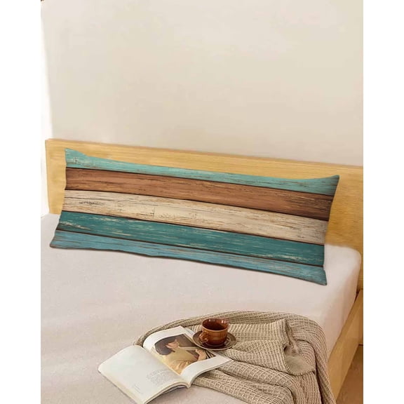 Teal Turquoise Brown Body Throw Pillow Cover Case, Couch Sofa Bed Pillowcase, Soft Decorative Pillow Protector, Colorful Ombre Retro Wooden Grain 20x54Inch Long Reversible Pillow Shams with Zipper