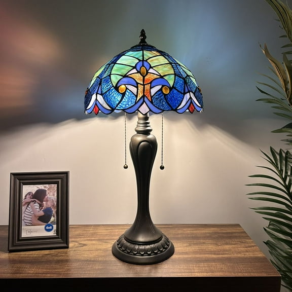 Tiffany Table Lamp Green Blue Stained Glass LED Bulbs Pull Chain Switches Included Liaison Lamp for Living Room Bedroom Bedside 12"W*12"D*22"H