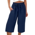 thumbnail image 5 of Zynoxe Womens Capri Pants Summer Solid Color Elastic Waist Drawstring Peasant Gauze Cropped Pants with Pockets Cotton Linen Straight Lounge Pants Dark Blue S, 5 of 5