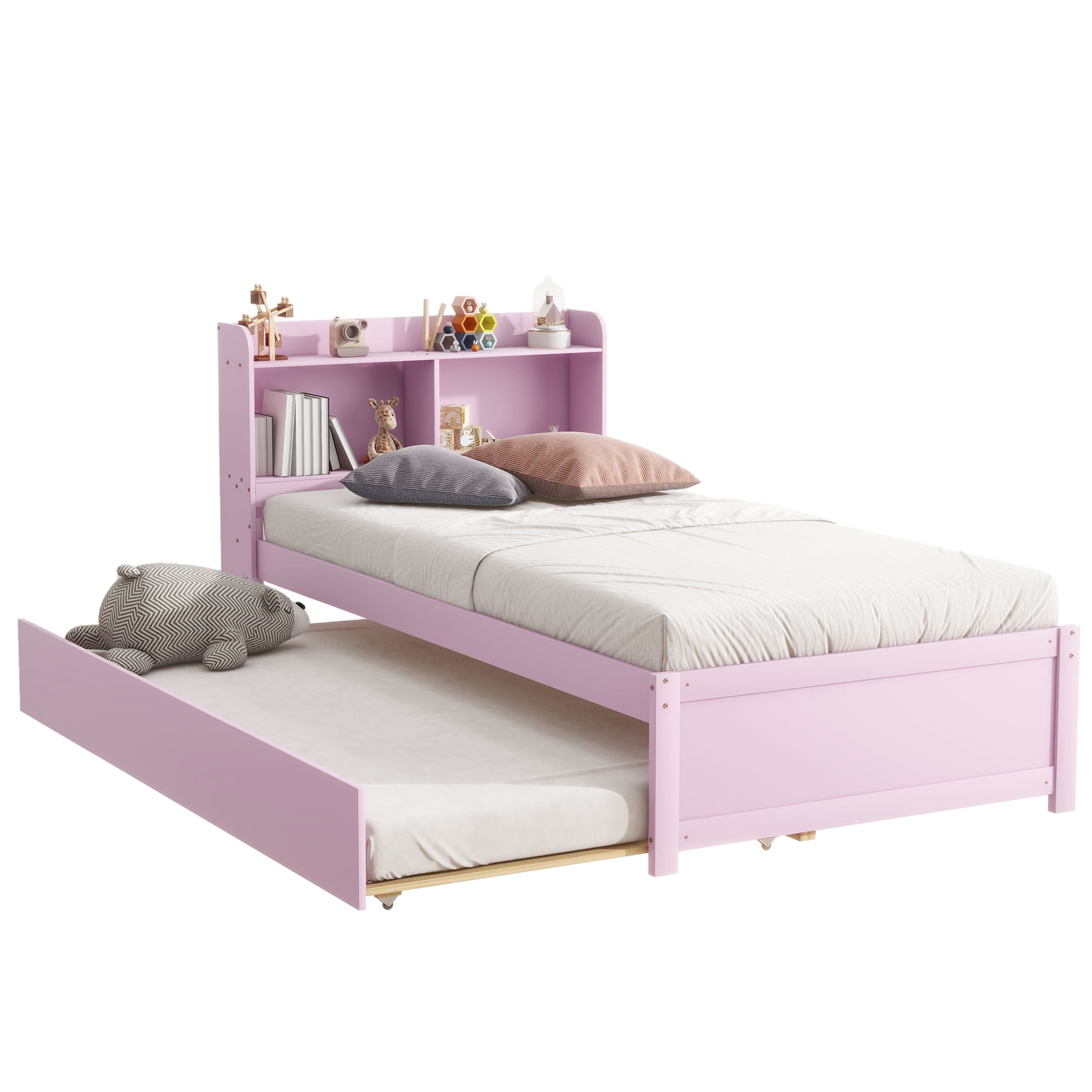 Noble House Katen Twin Bed with Extra Trundle and Bookcase Storage, Pine Wood Platform Bed with Bookshelf, Pink