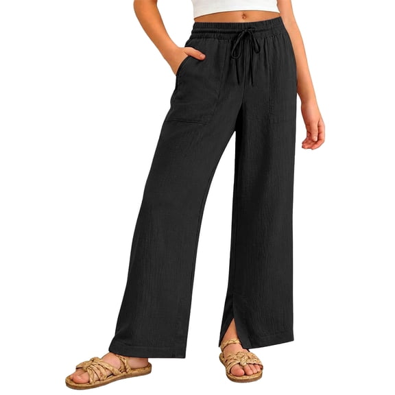 Lullu Girls Pants Kids Summer Casual Beach Loose Long Trousers with Pockets, Black, Sizes 5-14