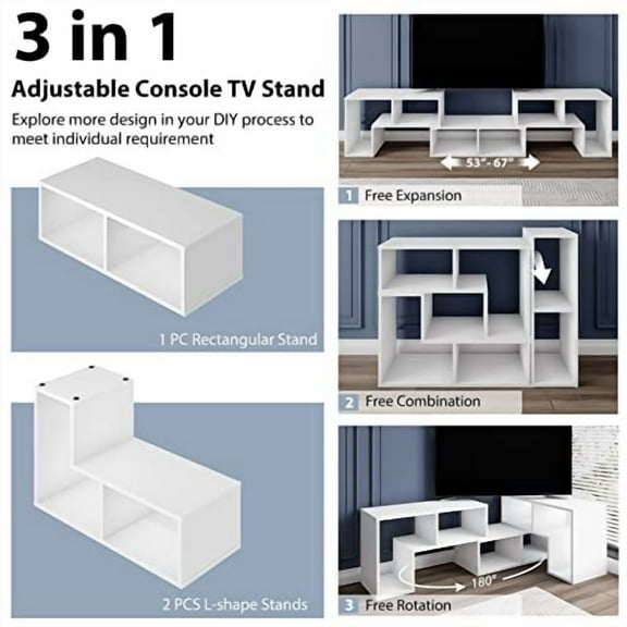 KOTEK TV Stand for 50 55 60 65 Inch TV, 3 Pieces Free Combination Bookshelf Organizer, TV Console Table with Open Storage Shelves, Modern Entertainment Center for Living Room, Bedroom