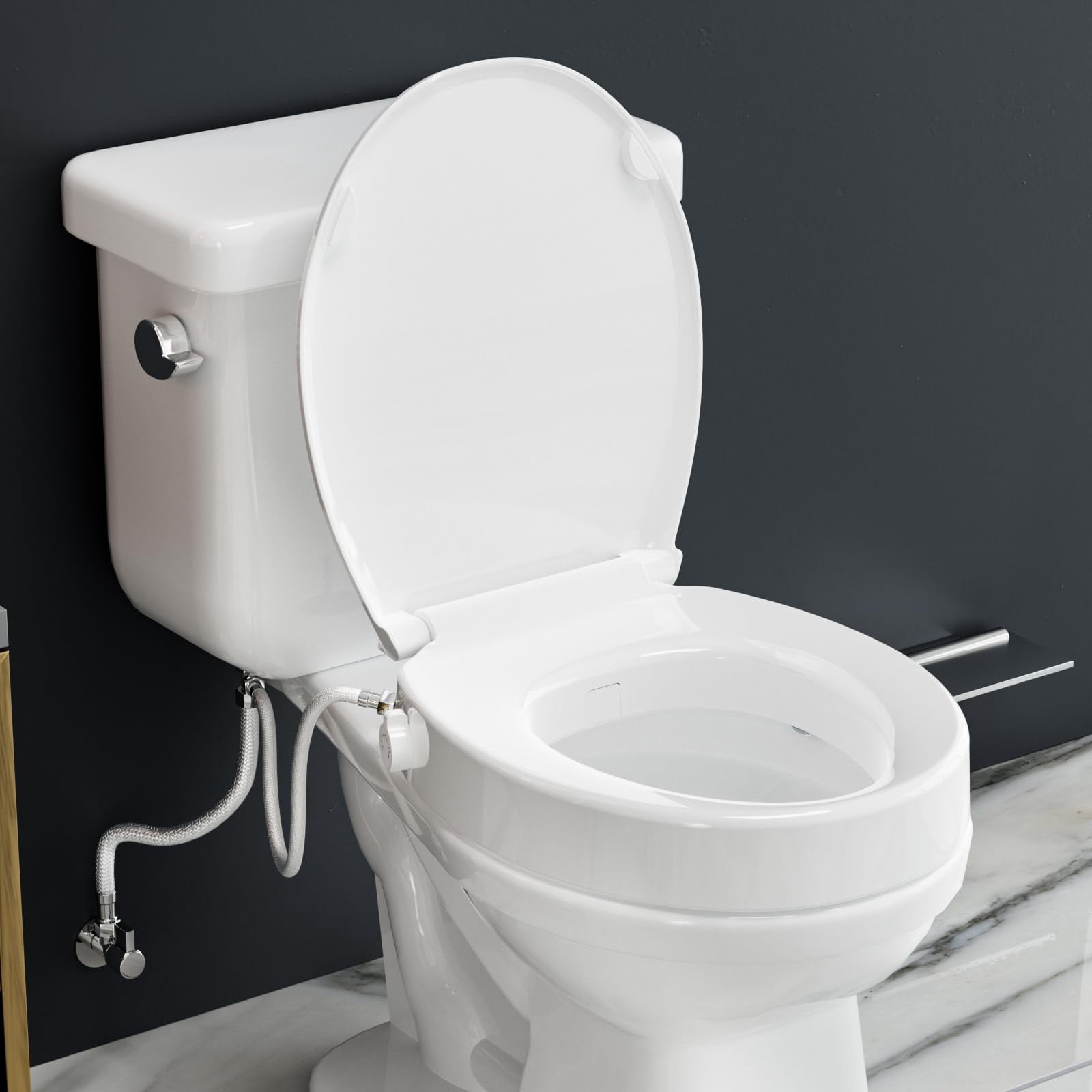Raised Toilet Seat With Bidet - Round  Soft Close 3" Height Dual Nozzle (frontal & Rear Wash) Adjustable Cold Water And Stainless Steel Inlet (round)