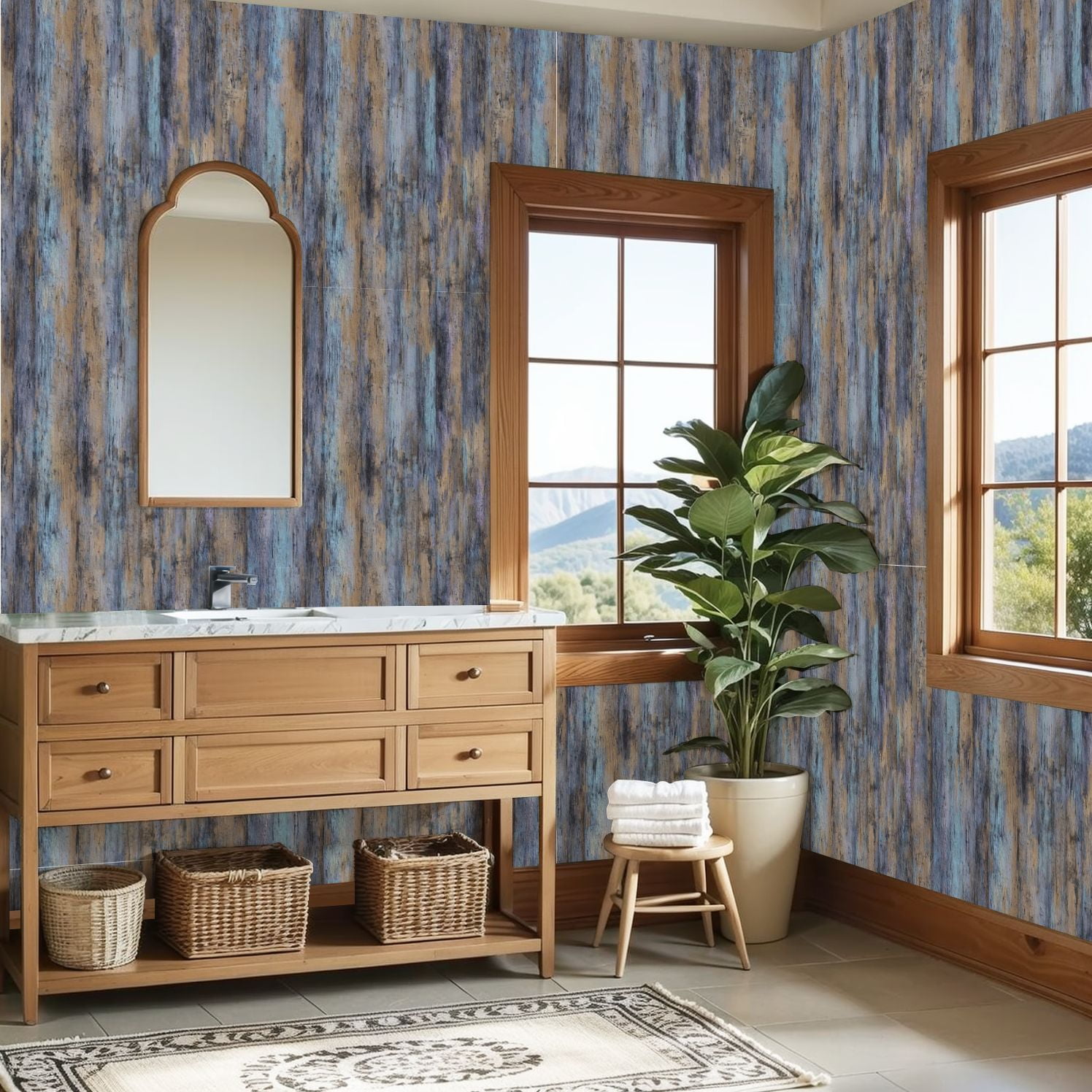 Vintage Peel and Stick Wallpaper Abstract Wooden Texture Blue Purple Tones Wall Mural 23.6in x 9.8ft Self Adhesive Removable Wall Paper Renter Friendly Wallpaper for Nursery Bedroom Cabinets