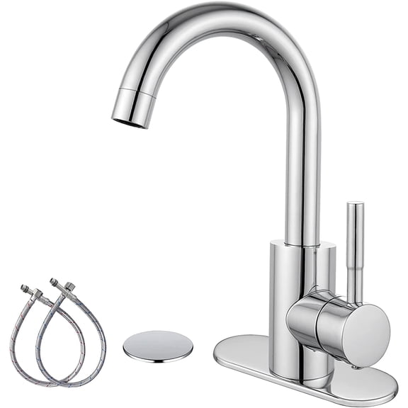 gotonovo Polish Chrome Single Handle Bathroom Sink Faucet, Wet Bar Pre-Kitchen Farmhouse RV Small Vanity Faucet with 360°Rotation Spout with Deck Plate, Supply Hoses and Drain Stopper