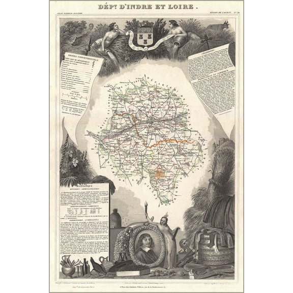 24"x36" Gallery Poster, 1852 Levasseur Map of the Department d'Indre Et Loire, France (Chenin Wine Region)