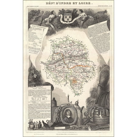 24"x36" Gallery Poster, 1852 Levasseur Map of the Department d'Indre Et Loire, France (Chenin Wine Region)