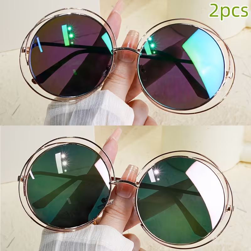 2-Pack Tinted Lens Fashion Glasses, Steampunk Metal Round Frame Sunglasses for Women and Men