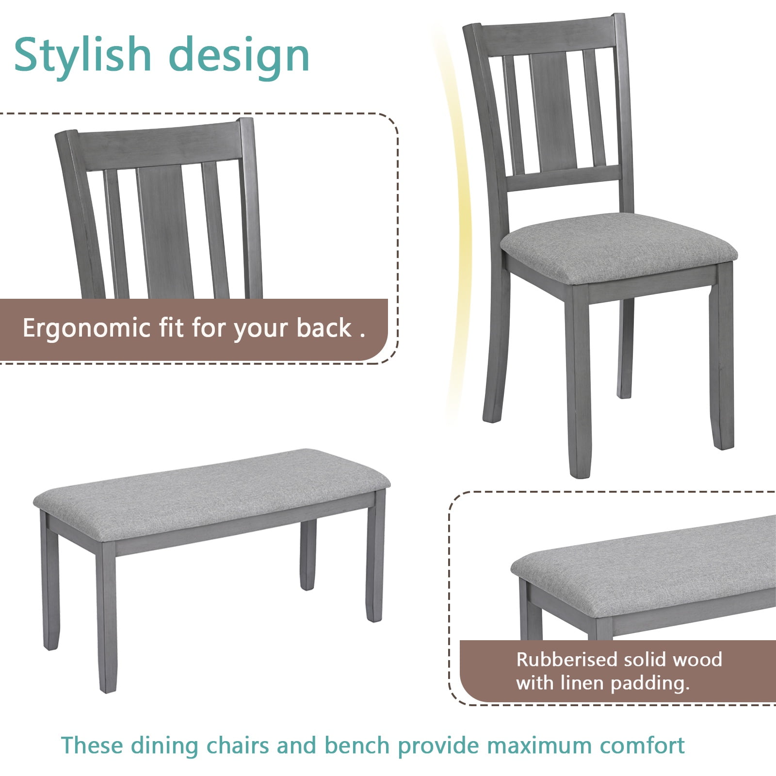 Dining Room Set, LEGAHOME 6 Piece Dining Sets with Bench and Chairs, Solid Wood Kitchen Dining Table Set for 6 with Upholstered Chairs, Gray