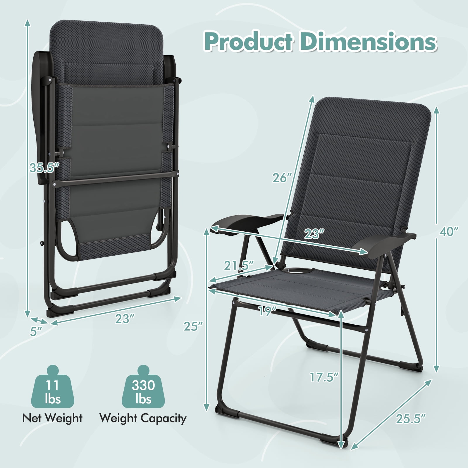 Gymax 2PCS Patio Folding Chairs Back Adjustable Reclining Padded Garden Furniture