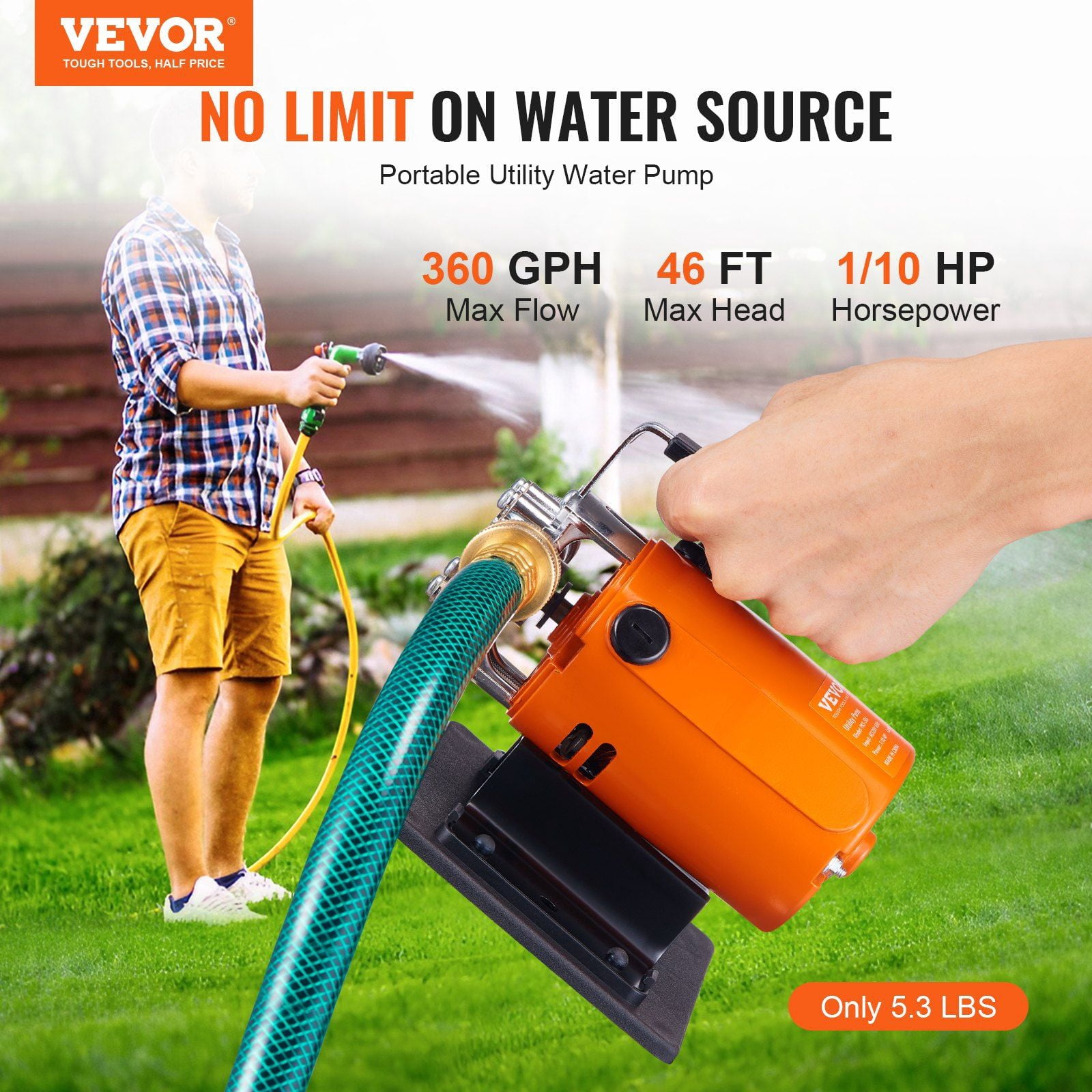 Water Transfer Pump, 120V AC 360 GPH 1/10 HP, Portable Electric Utility Pump with 6 ft Suction Hose Kit, Carbon Brushes, Impeller, Suction Strainer, for Garden, Rain Barrel, Pool, Pond, Aquarium