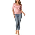 thumbnail image 2 of Blusa de satén INSPIRE CHIC para mujer, con cuello en V, mangas cortas, fruncido y lazo en la parte posterior, tops casuales de oficina XS Rosa, 2 of 5