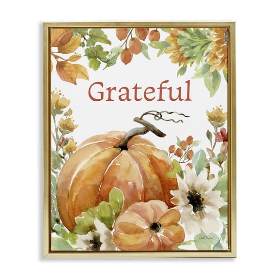 Stupell Industries Cottage Grateful Pumpkins & Flowers Gold Floating Frame Canvas Art, 17 x 21, by Leslie Trimbach