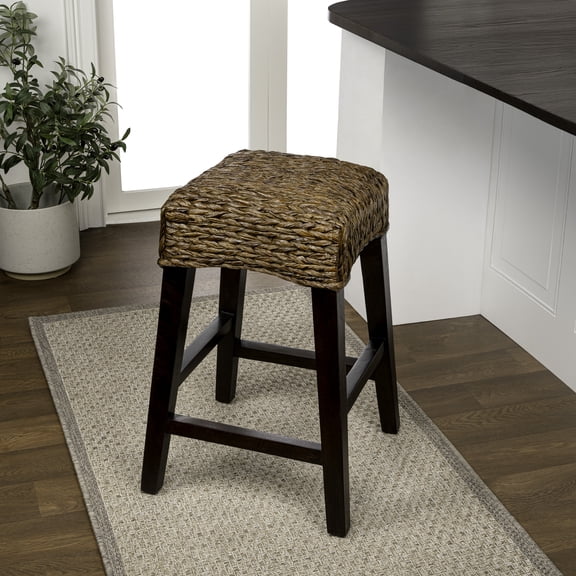 JONATHAN Y Maui Coastal Woven Water Hyacinth Counter Stool, Mango Wood Frame, 26" Backless Counter Stool for Kitchen Island with Integrated Footrest, Fully Assembled, Coastal, Dark Brown CSL1101C