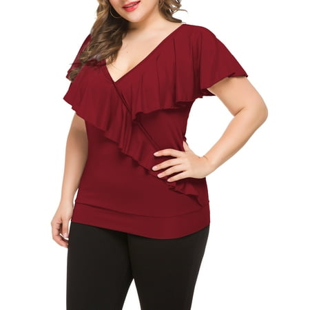 Ruffle Neck T-shirt - Women's Plus Size Cross Front V Neck Tshirt Ruffle Short Sleeve Summer Casual Tunic Tee Top Oversized Stylish Blouse