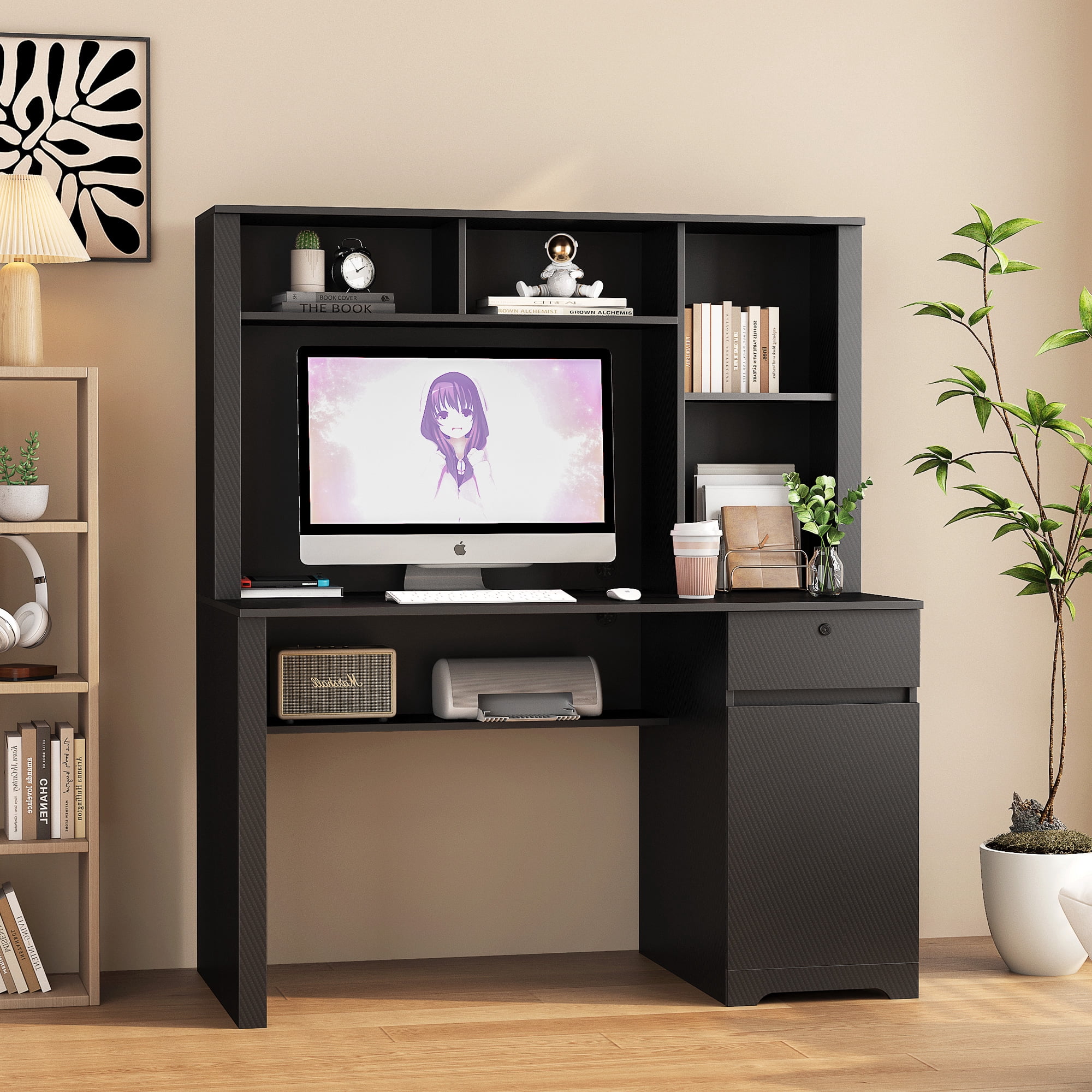 Wood Executive Desk with Hutch Charging Station and Lockable Drawer