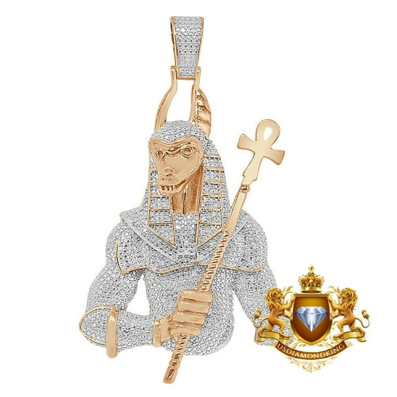 Real Diamond Egyptian God Anubis Ankh Cross Pharaoh Charm 10K Rose Gold Over Pendent