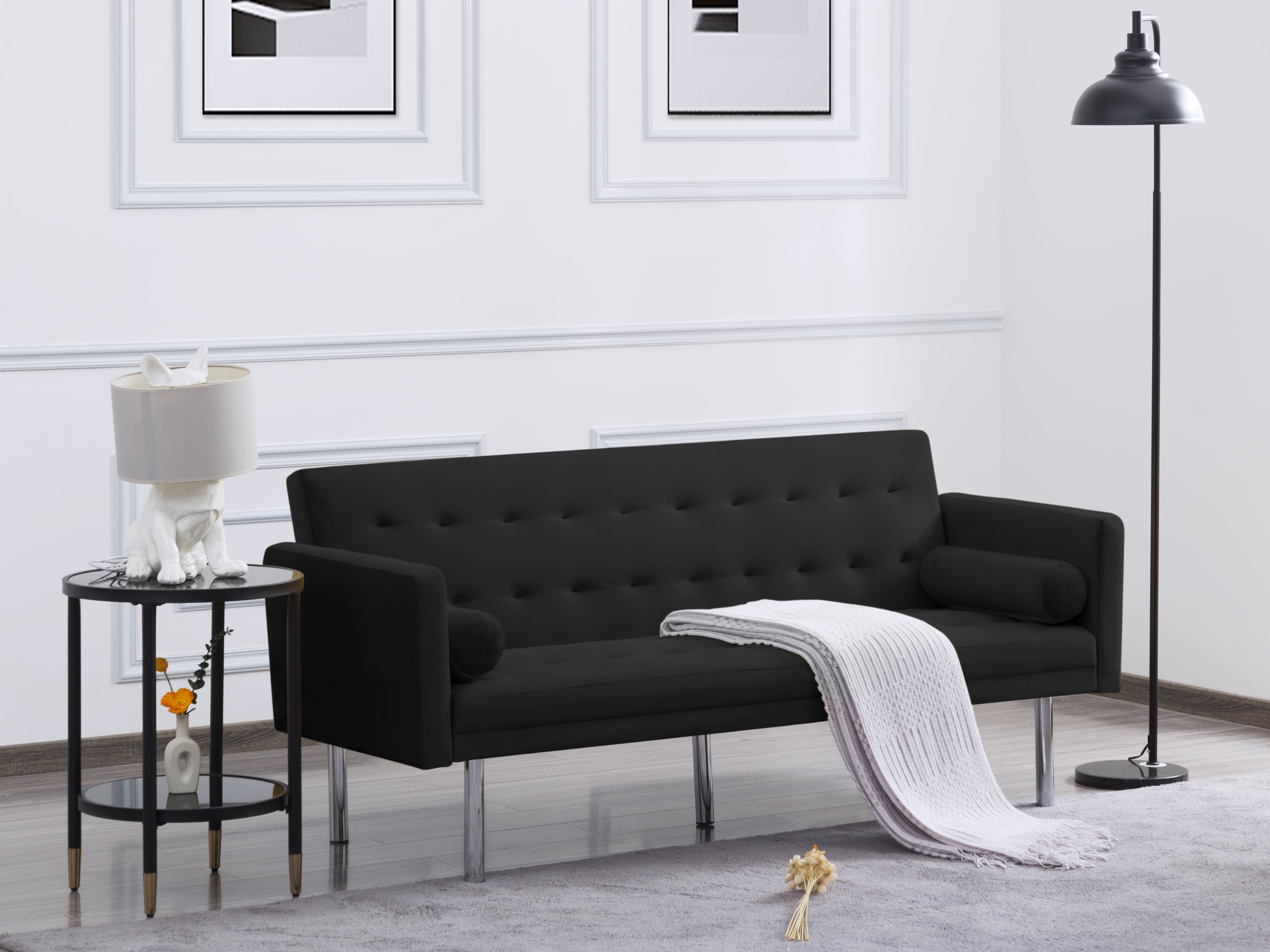 DEALTOPS Velvet Futon Sofa Bed Upholstered Convertible Sofa Couch, Recliner Modern Tufted Back Couch Lounge for&nbsp;Living Room - Black