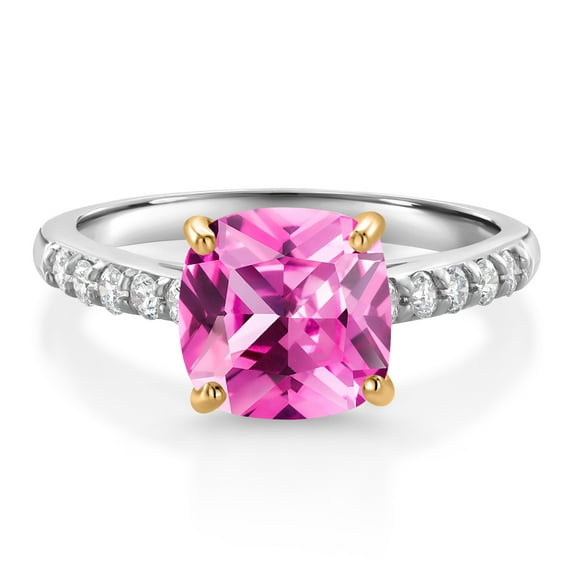 Gem Stone King 2.95 Ct Pink Created Sapphire G/H Lab Grown Diamond 10K White Gold Engagement Ring with Yellow Gold Prongs (Size 8)