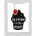 thumbnail image 1 of Dessert Tapestry, Life is Too Short to Skip Dessert Quoted Muffin Silhouette with Cherry, Wall Hanging for Bedroom Living Room Dorm Decor, 40W X 60L Inches, Red Black and White, by Ambesonne, 1 of 2