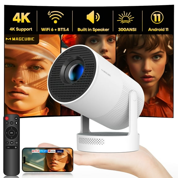 Magcubic HY300 Ultra Projector, Mini Projector Support 4K with Electronic Focus, 5W Soundbase Speaker, with WiFi 6 and Bluetooth 5.4, 180° Rotation Portable for Home&Outdoor Theater