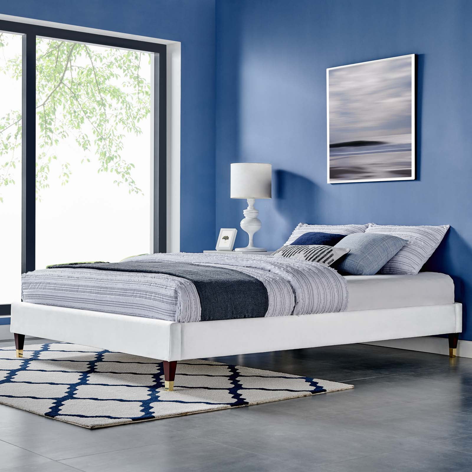 Platform Bed Frame, King Size, Velvet, White, Modern Contemporary Urban Design, Bedroom Master Guest Suite