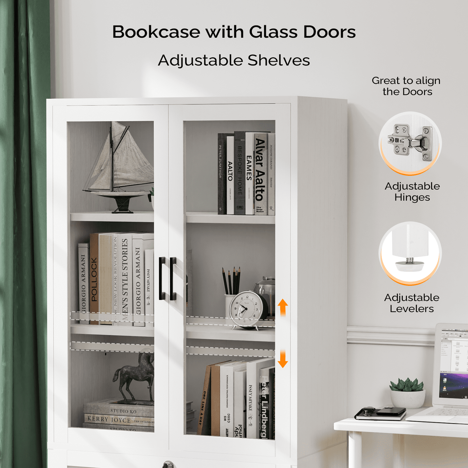 Ktaxon Lockable 4 Tier File Cabinet Bookcase with Letter+Legal Size Drawer&Adjustable Shelves, Wood Bookshelf Storage with Glass Door, White