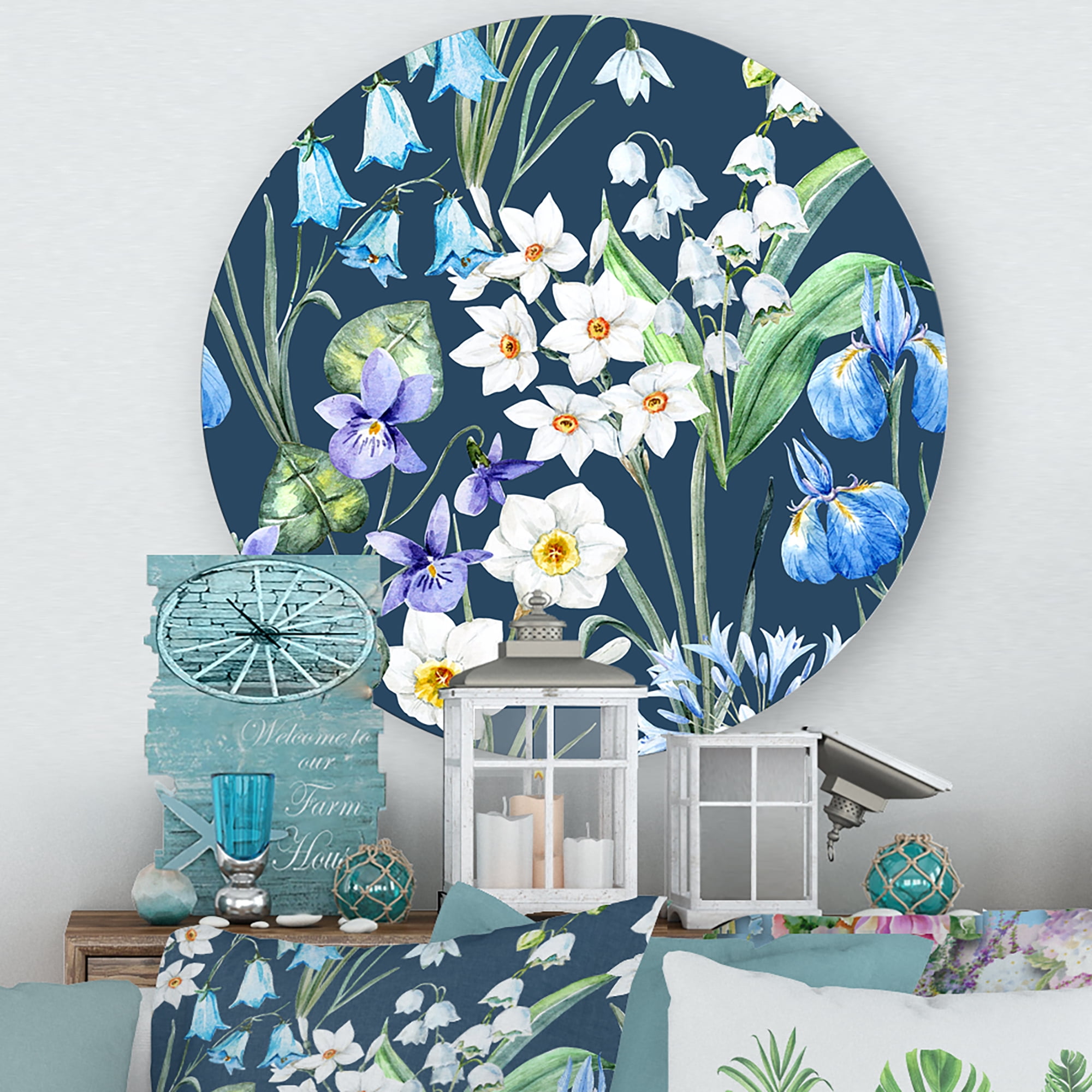 Designart 'Blue and White Spring Flowers On Dark Blue' Traditional Circle Metal Wall Art 11x11 - Disc of 11