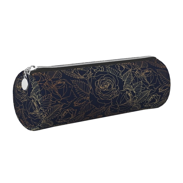 Easygdp Copper-Gold Gloss Outline Rose para Estuche de Lápices Cilíndrico de Cuero con Cremallera, Organizador de Lápices de Cuero para Escuela, Oficina y Viajes