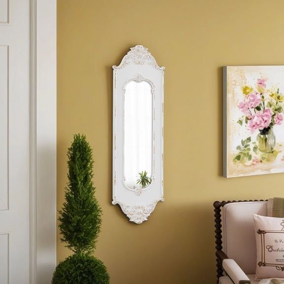 Sintosin Vintage Rectangular Wall Mirror 13" x 40" with Distressed White Carved Wood Frame, Rustic Decorative Mirror for Living Room, Bedroom, Entrance
