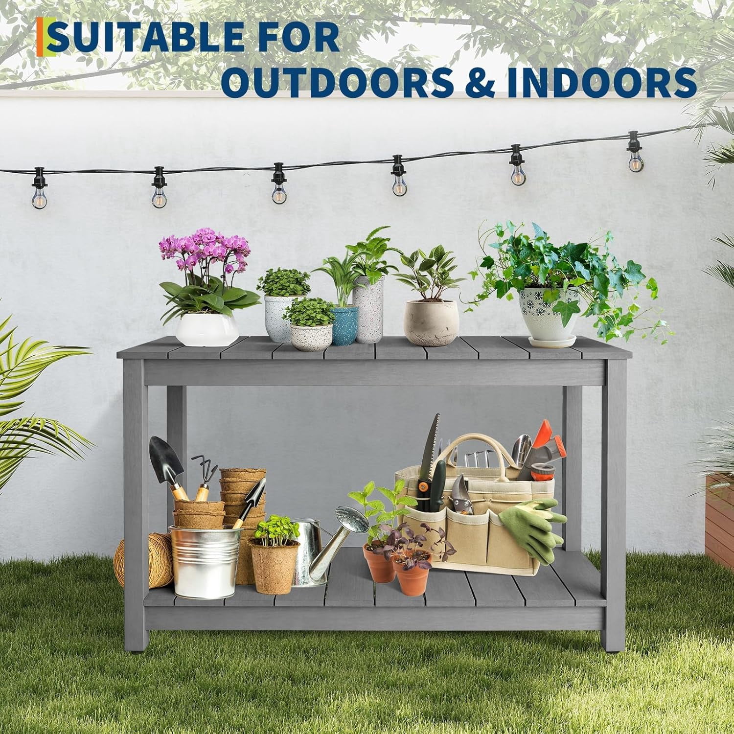Senfot 48 Inch 2-Shelf Console Table, Indoor Outdoor Wooden Storage Entryway Side Table Gray
