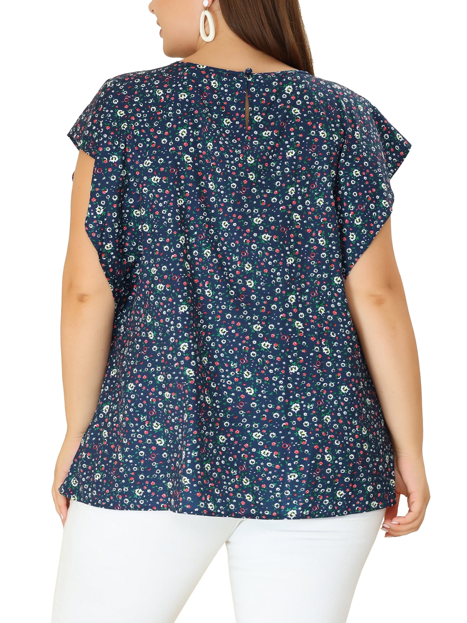 Unique Bargains Women's Plus Size Outfits Flare Short Sleeve Polka Dots Chiffon Blouse