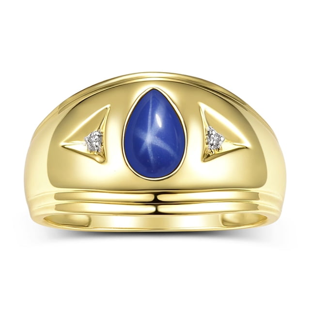 RYLOS Men's Rings 14K Yellow Gold Pear Shape Tear Drop Cabochon Gemstone & Diamond Rings; Blue Star Sapphire Size 9