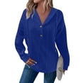 thumbnail image 1 of Women's 2025 Fall Fashion Oversized Button V-Neck Hoodie, Casual Drawstring Hooded Knit Sweatshirt with Cable Ribbed Design, Soft Breathable Long Sleeve Pullover for Daily Wear Blue L, 1 of 7