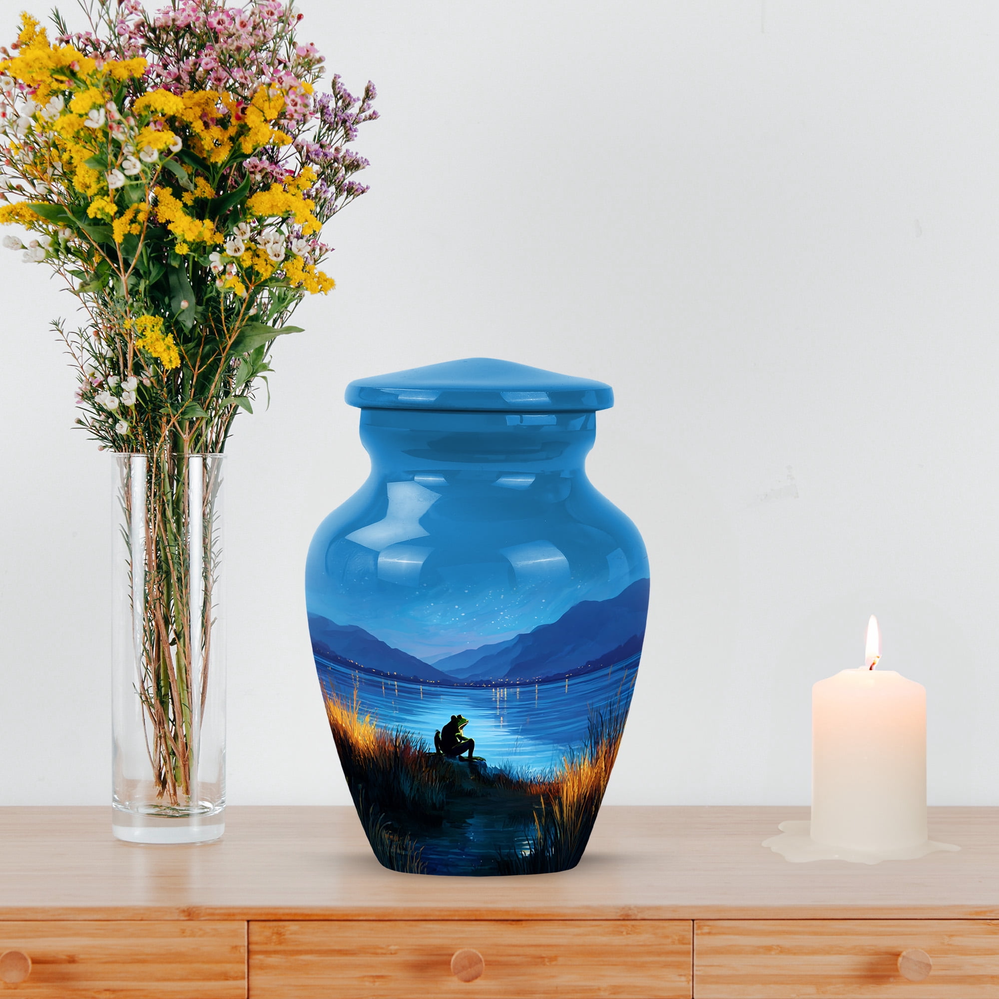 MUKTIVE Frog Tiny Cremation Urn, Mini Blue Urns for Adult Male, Keepsake Starry Night Memorial Urns for Human Ashes Adult Man, Mountain Funeral Urn for Human Ashes, 3 Inch