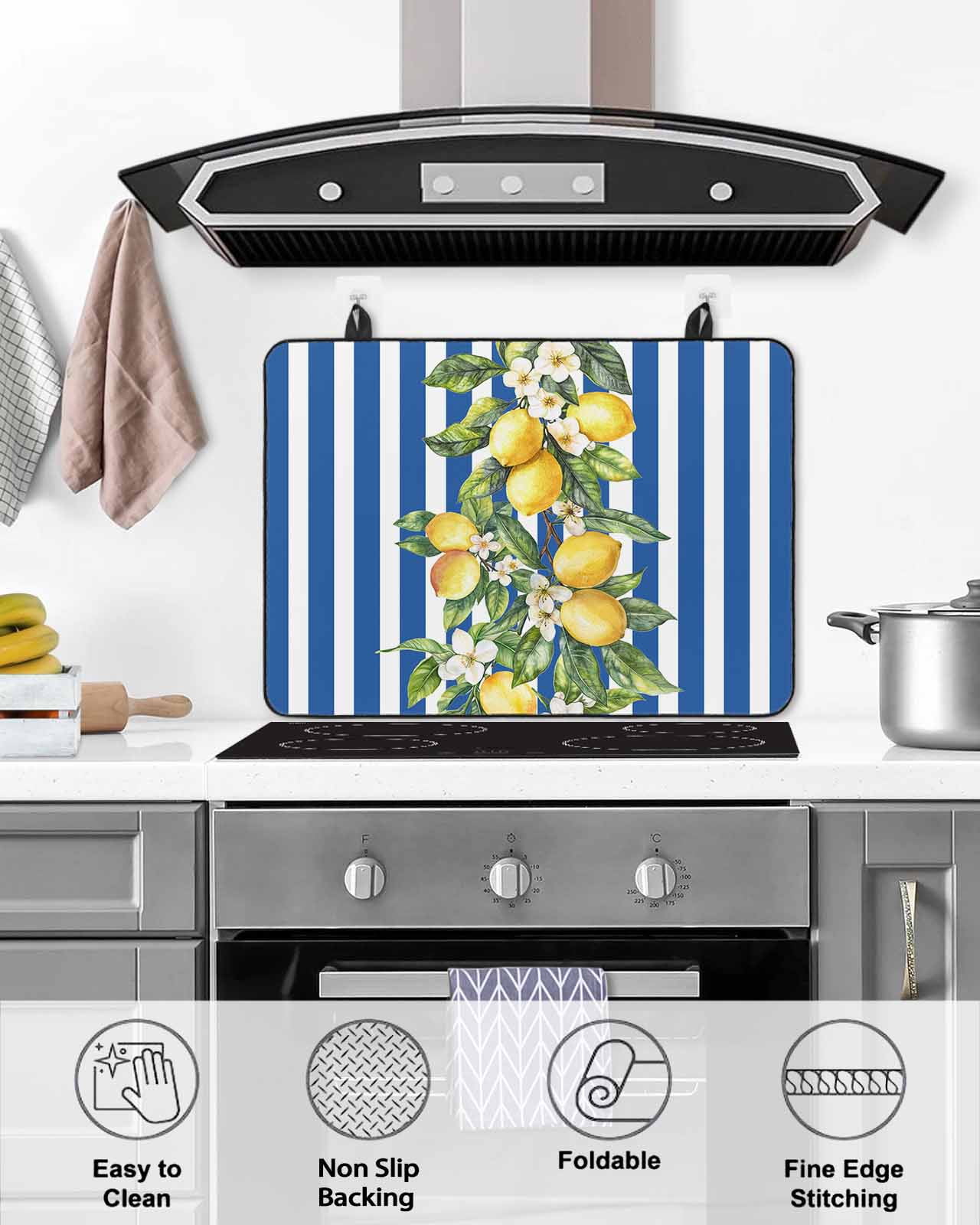 nqOlkjepod Large Induction Cooktop Protector Mat 24"x21", Blue Stripes Lemon Stove Top Covers for Electric Stove, Spring Fruit Flowers Leaves Line Stove Burner Cover Mats, Glass Top Stove Cover