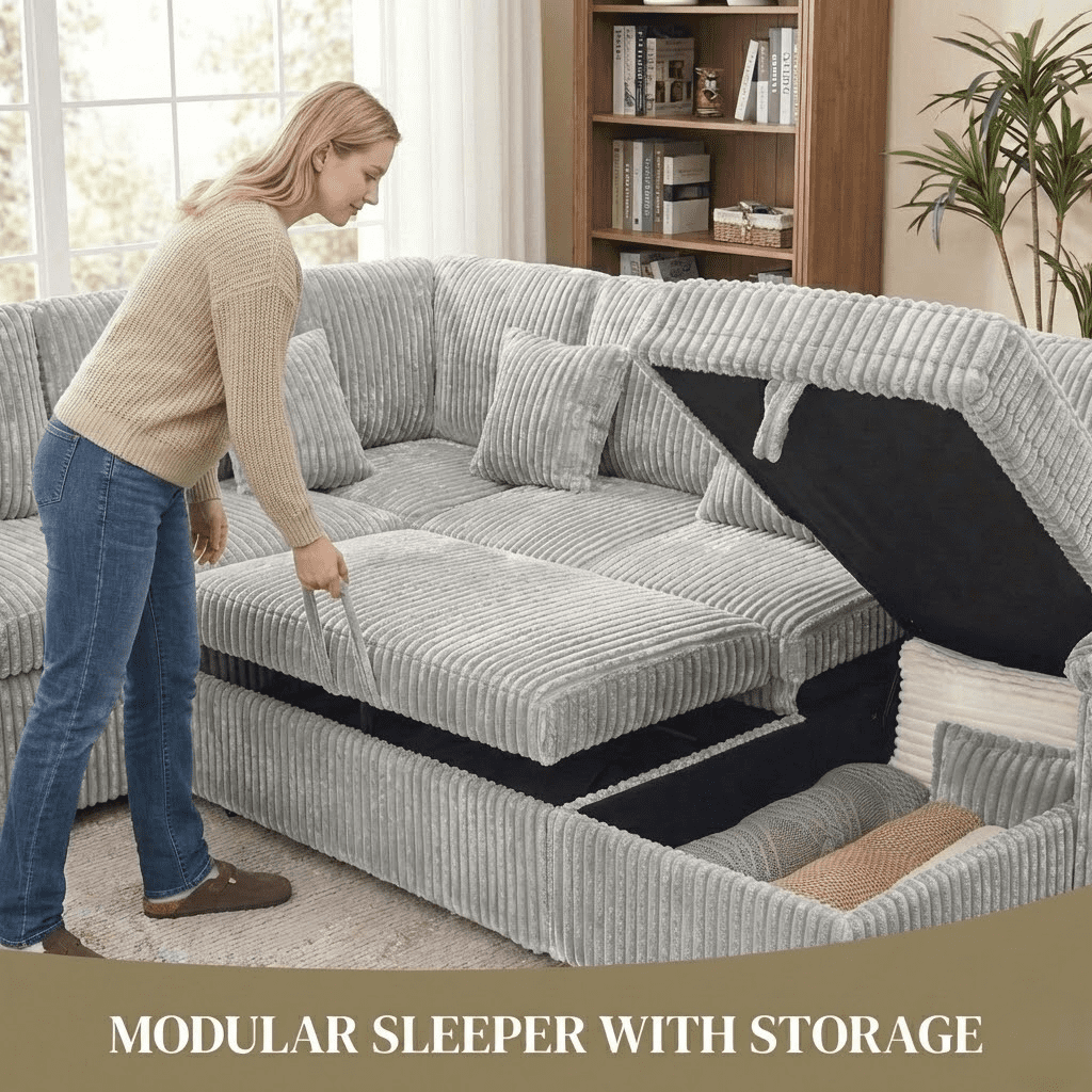 Howcool Modular Sectional Sleeper Sofa with Pull-Out Bed, U-Shaped Convertible 7-Seat Cloud Couch with Storage Chaise & USB Charging, Plush Corduroy Sectional for Living Room,Grey