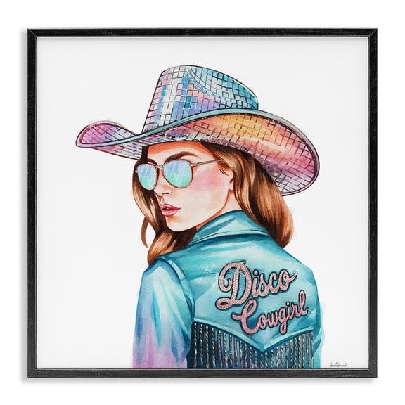 Stupell Industries Disco Cowgirl Portrait People Painting Black Framed Art Print Wall Art, 12 x 12