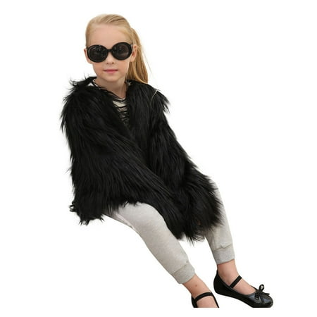 

BIZIZA Jacket for Toddler Open Front Faux Fur Crew Neck Thicken Long Sleeve Tops Solid Color 1-7Y Chlid Baby Black XXXL