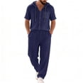 thumbnail image 2 of UVEASISHA Travel Sets for Men 2 Piece Cotton Linen Outfits Lightweight Button Down Hooded Shirts and Pants Set 2026 Summer Fashion Beach Vacation Outfit Navy XXL, 2 of 10