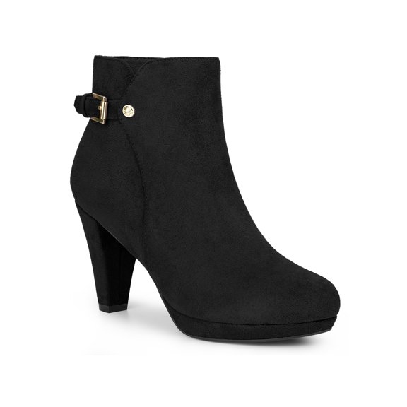 BLISSFUL STEP Round Toe Side Zip Platform Chunky Heel Ankle Boots for Women Black 8