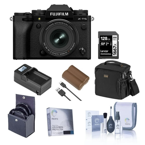 Fujifilm X-T5 Mirrorless Camera, Black with XF 16-50mm f/2.8-4.8 R LM WR Lens, Bundle with 128GB Memory Card, Bag, Extra Battery, Charger Kit, Filter Kit