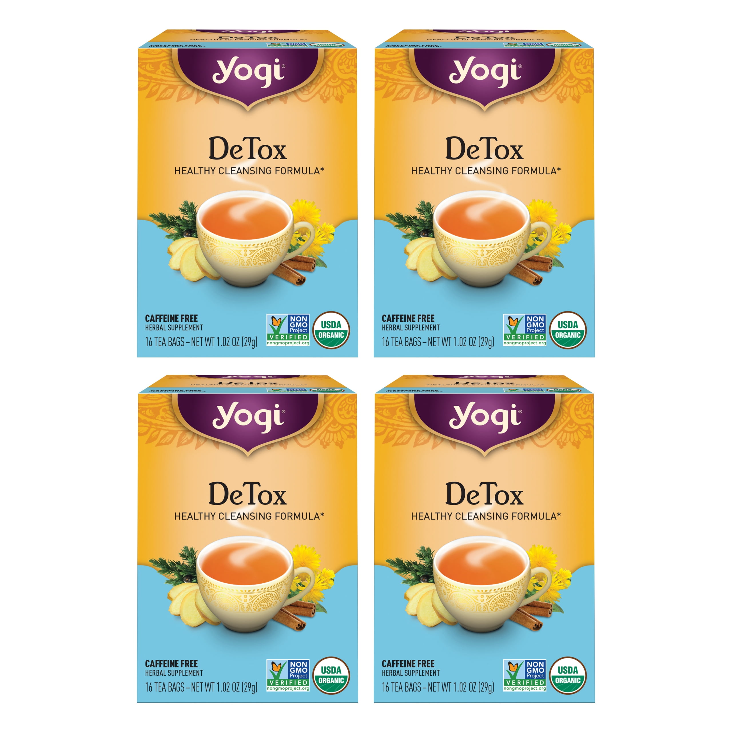 Yogi Tea DeTox, Caffeine-Free Organic Herbal Tea Bags, 4 Boxes of 16